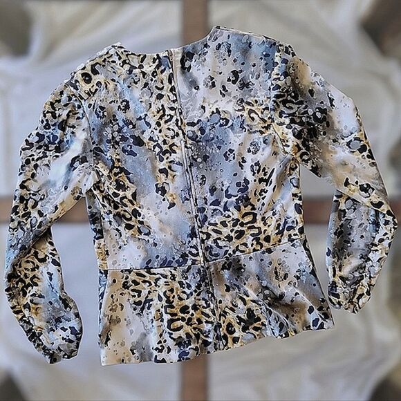 Vtg Tadashi Collection silk blend leopard print faux wrap blouse size 10 - Picture 4 of 13